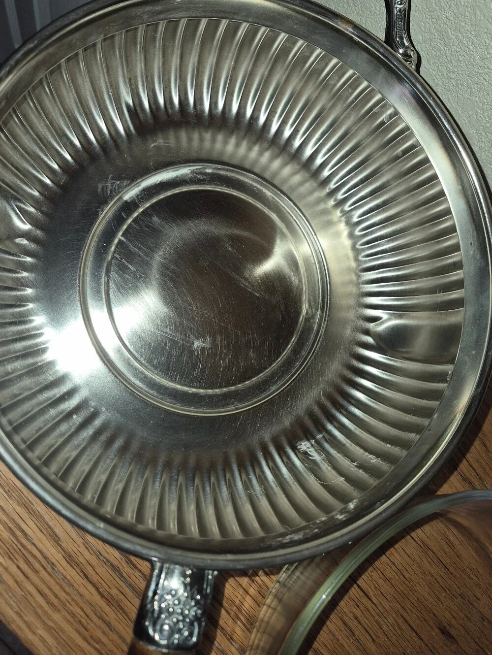 Vintage Silver-plated covered casserole or chafing dish w Insert & Wooden Handle